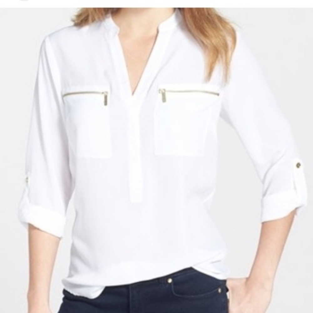 [Michael Kors] White Blouse w Gold
Pocket Zippers Sz L